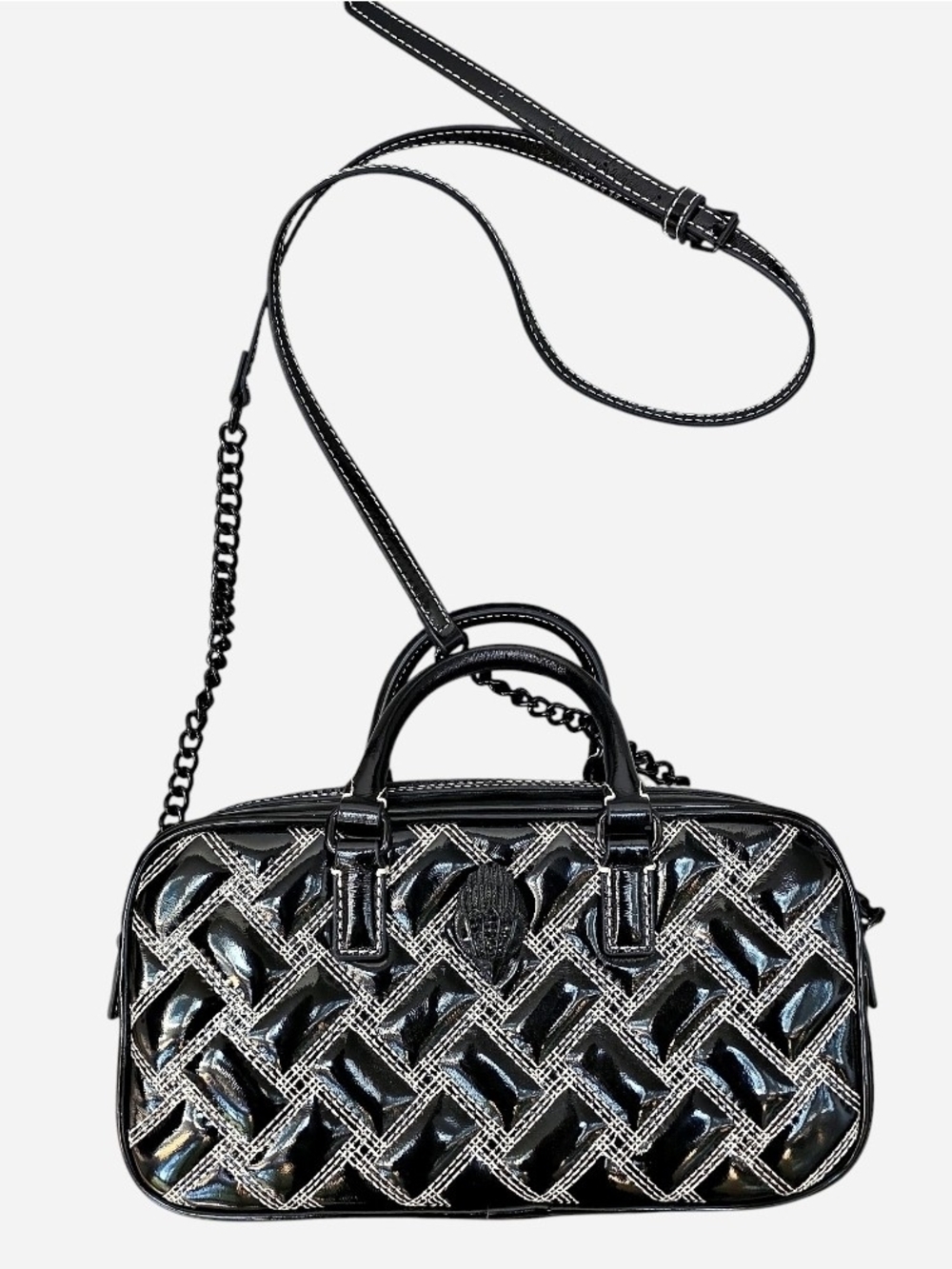 New Kurt Geiger Kensington Drench Black Quilted Patent Leather Crossbody Bag